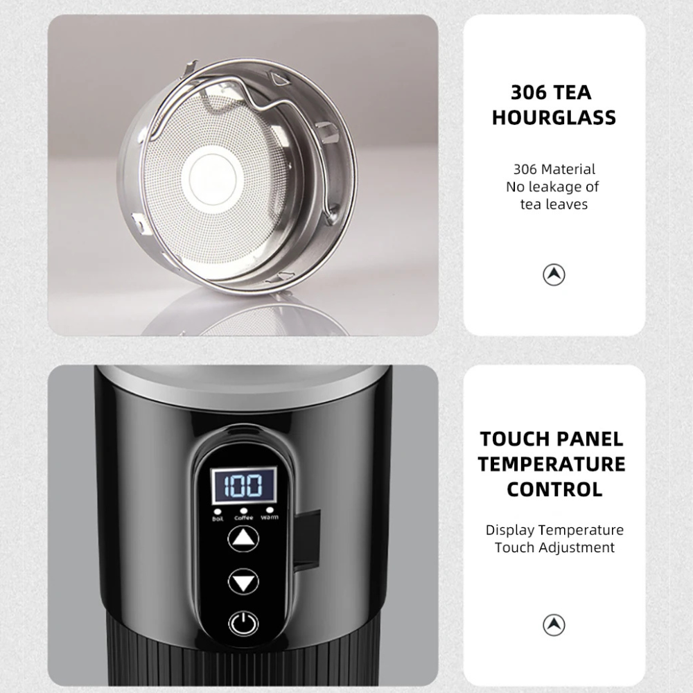 500ml Smart Car Kettle (12V/24V) with OLED Display | Stainless Steel Travel Heating Cup & Temperature Control