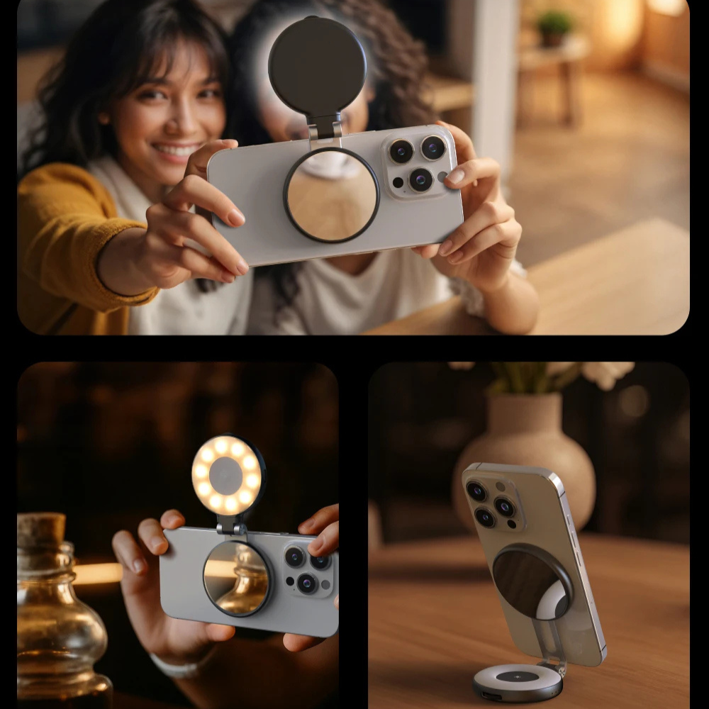 Magnetic Phone Selfie Light: 180° Flip, Built-in Mirror, USB Rechargeable