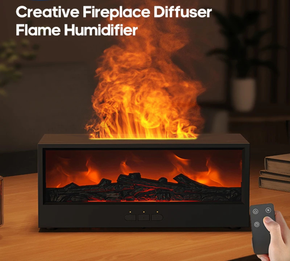 Flame Effect Air Humidifier & Aroma Diffuser with Remote – 7-Color LED Fireplace Mist