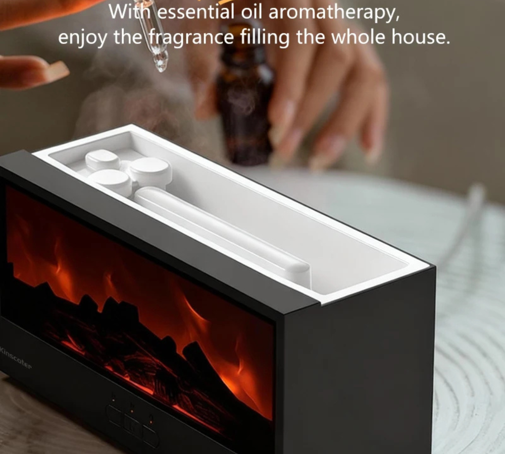 Flame Effect Air Humidifier & Aroma Diffuser with Remote – 7-Color LED Fireplace Mist