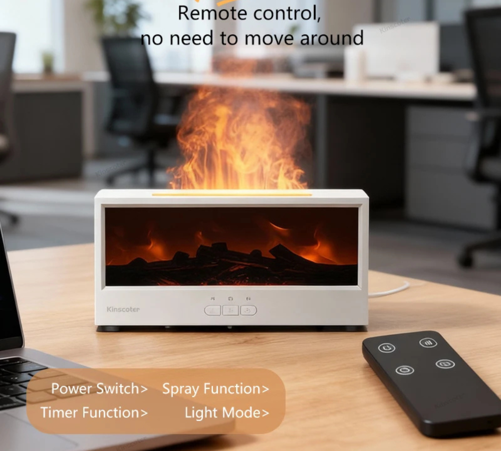 Flame Effect Air Humidifier & Aroma Diffuser with Remote – 7-Color LED Fireplace Mist