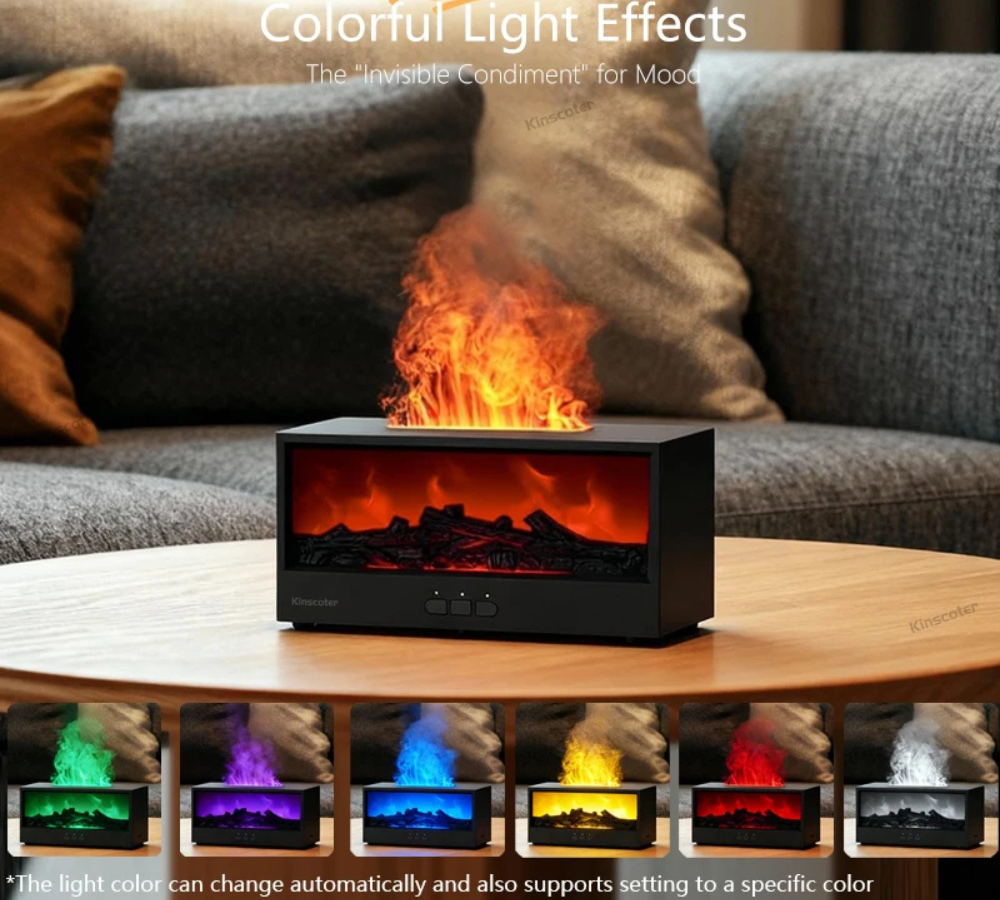 Flame Effect Air Humidifier & Aroma Diffuser with Remote – 7-Color LED Fireplace Mist