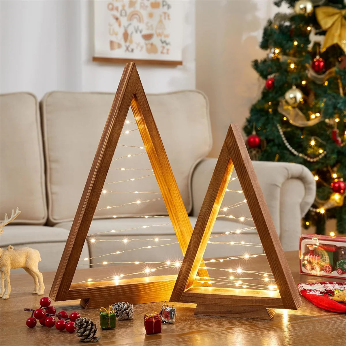 2-Piece Wood Tabletop Christmas Tree Set with Integrated LED Lights | Holiday Accent Decor