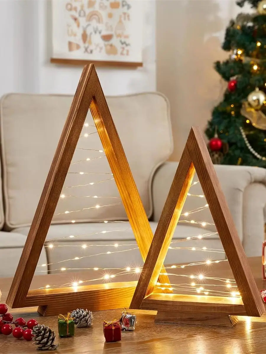 2-Piece Wood Tabletop Christmas Tree Set with Integrated LED Lights | Holiday Accent Decor