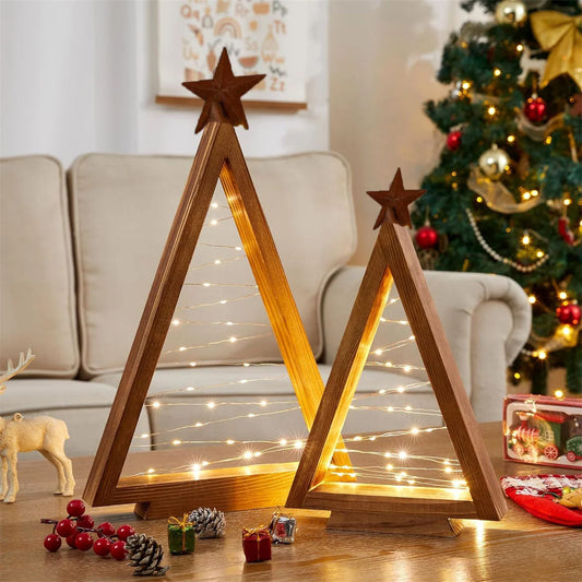 2-Piece Wood Tabletop Christmas Tree Set with Integrated LED Lights | Holiday Accent Decor