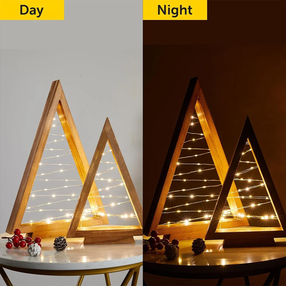 2-Piece Wood Tabletop Christmas Tree Set with Integrated LED Lights | Holiday Accent Decor