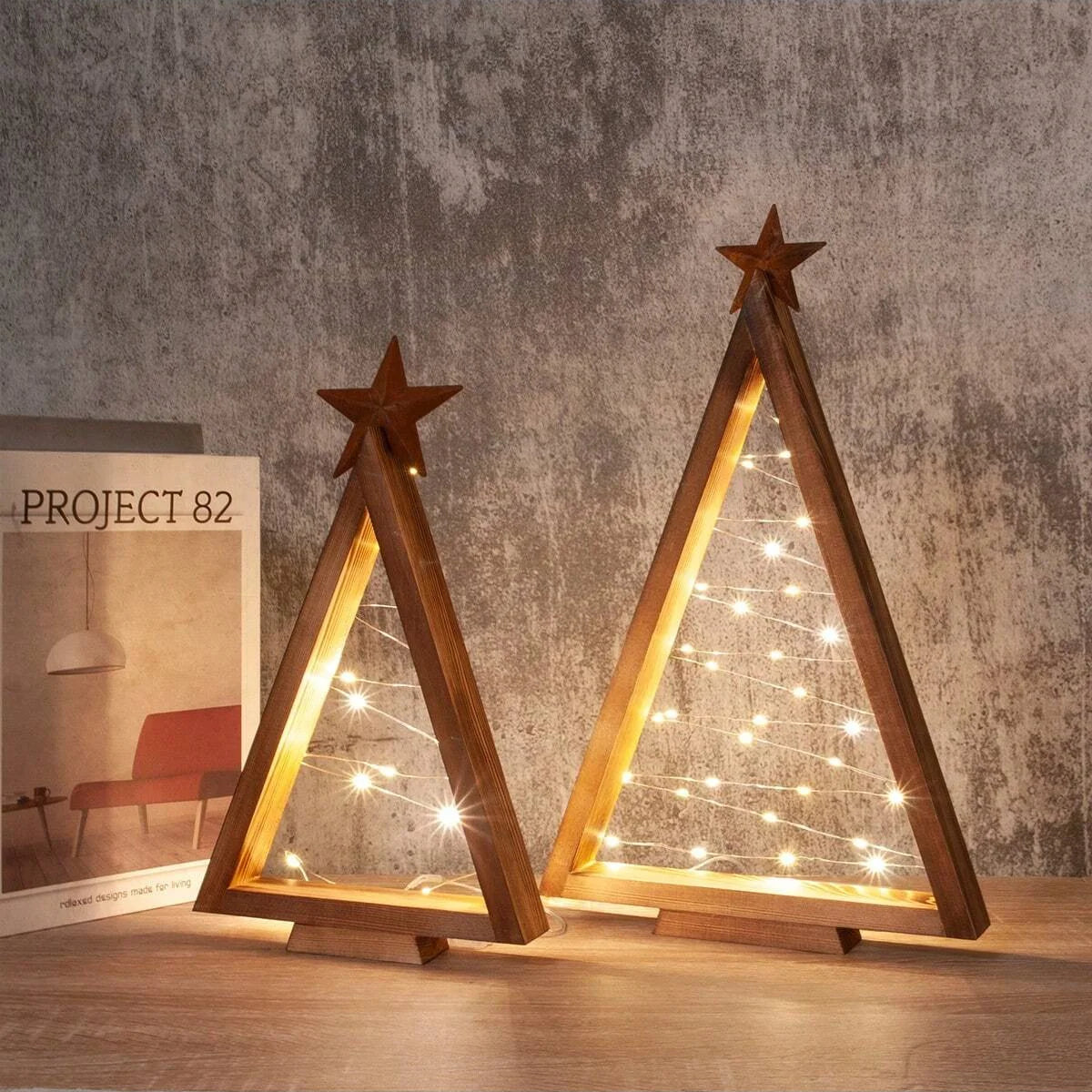 2-Piece Wood Tabletop Christmas Tree Set with Integrated LED Lights | Holiday Accent Decor