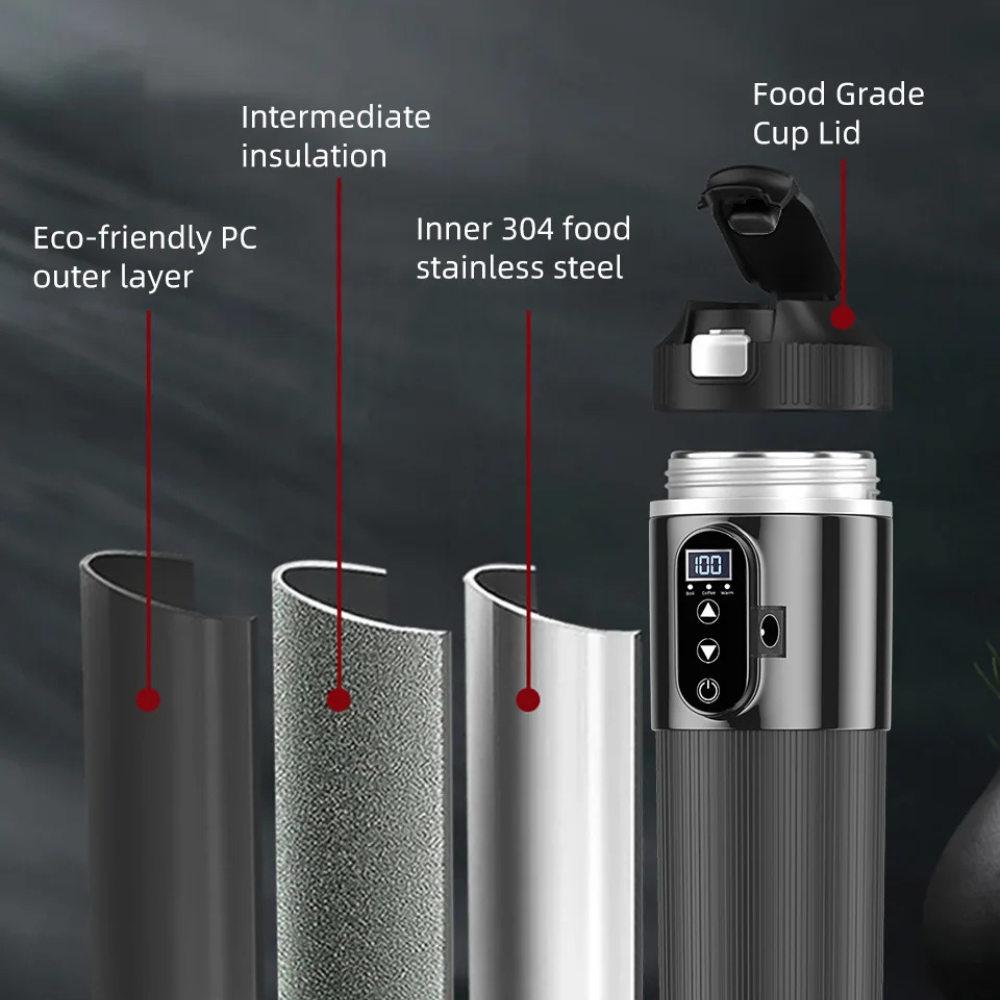 500ml Smart Car Kettle (12V/24V) with OLED Display | Stainless Steel Travel Heating Cup & Temperature Control