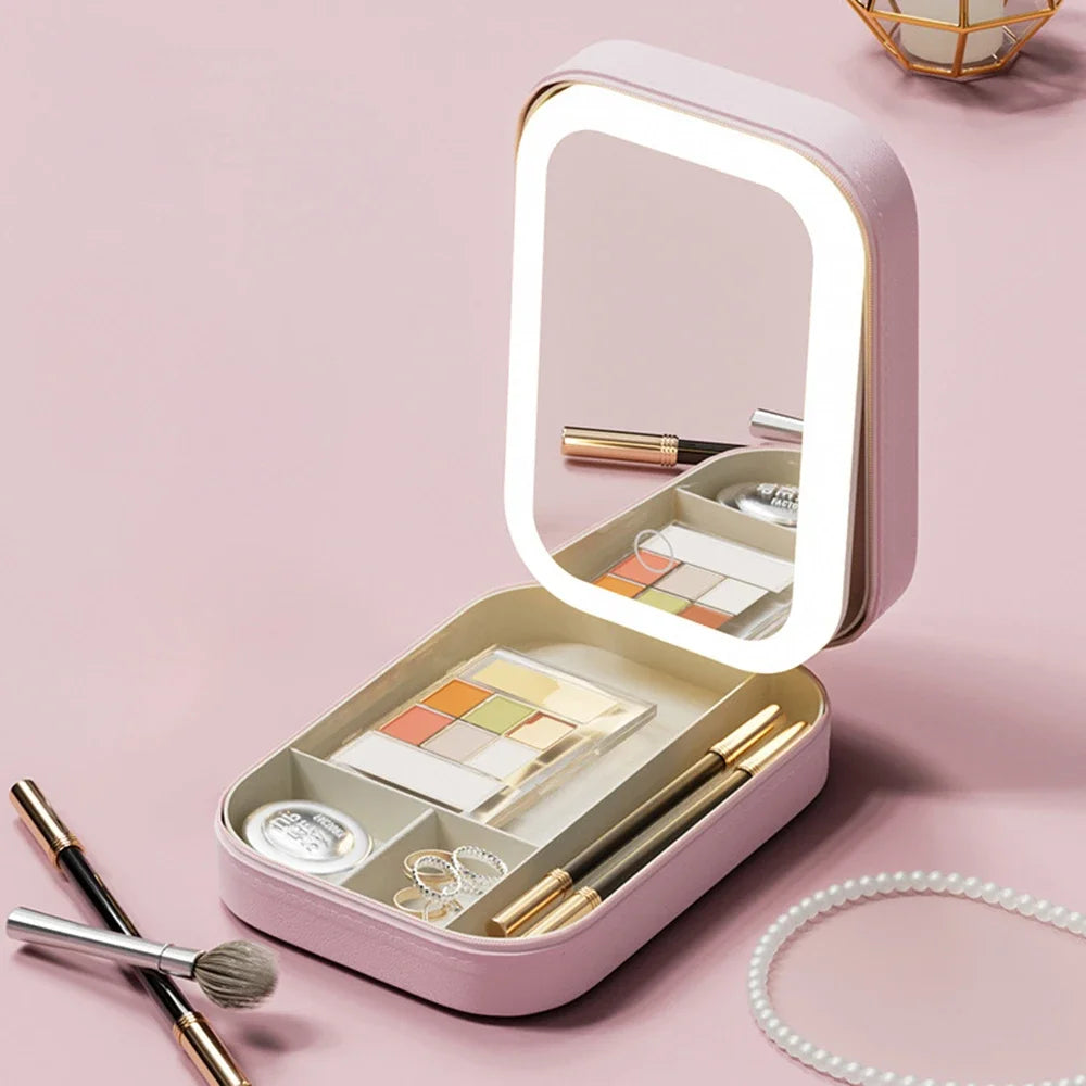 Travel LED Makeup Mirror Travel Case & Cosmetic Storage Box | Large Capacity, Dimmable Lighting