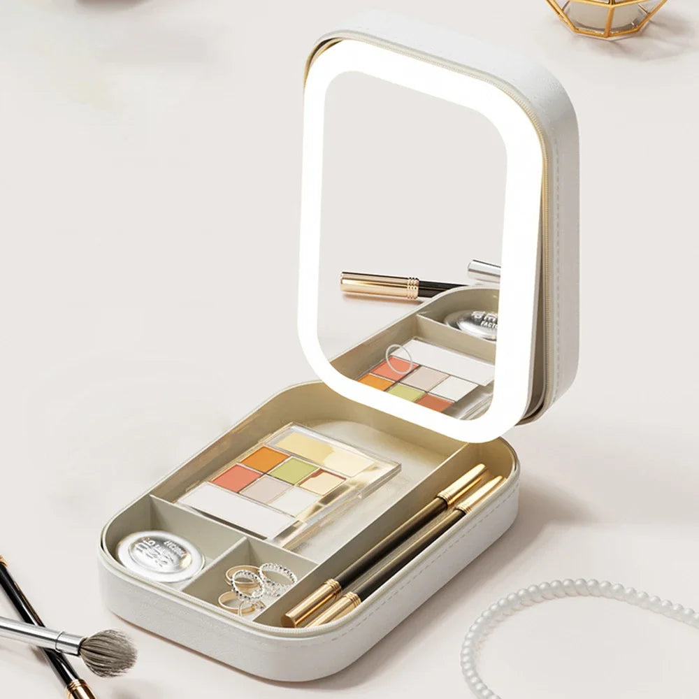Travel LED Makeup Mirror Travel Case & Cosmetic Storage Box | Large Capacity, Dimmable Lighting