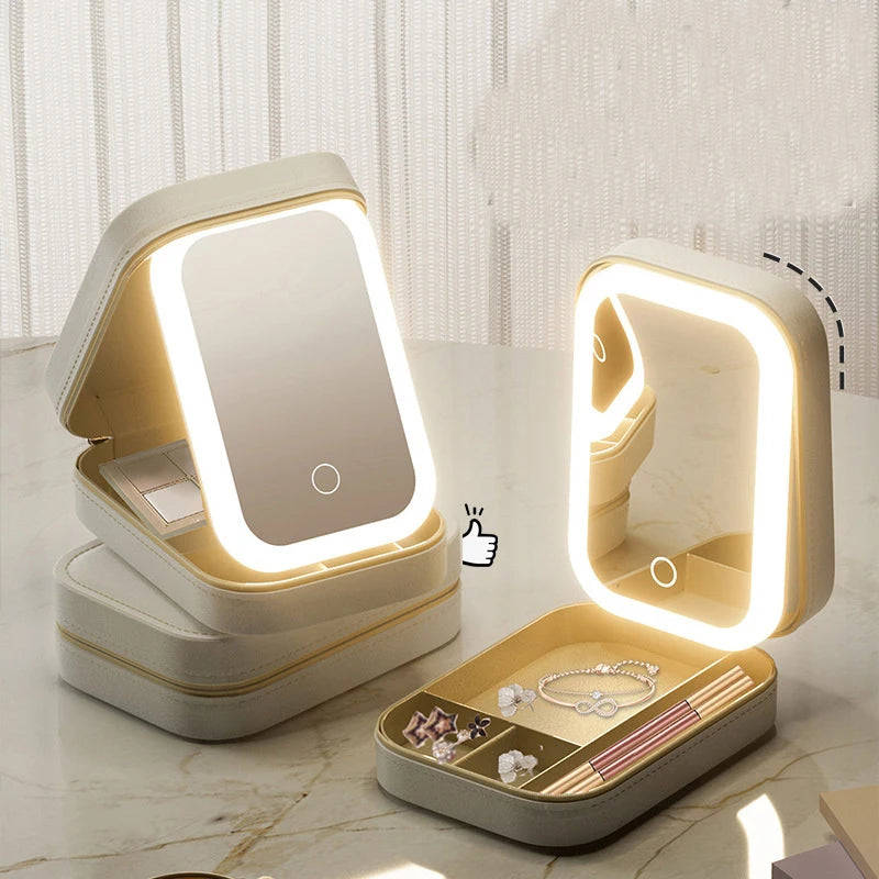 Travel LED Makeup Mirror Travel Case & Cosmetic Storage Box | Large Capacity, Dimmable Lighting