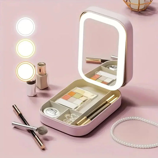 Travel LED Makeup Mirror Travel Case & Cosmetic Storage Box | Large Capacity, Dimmable Lighting