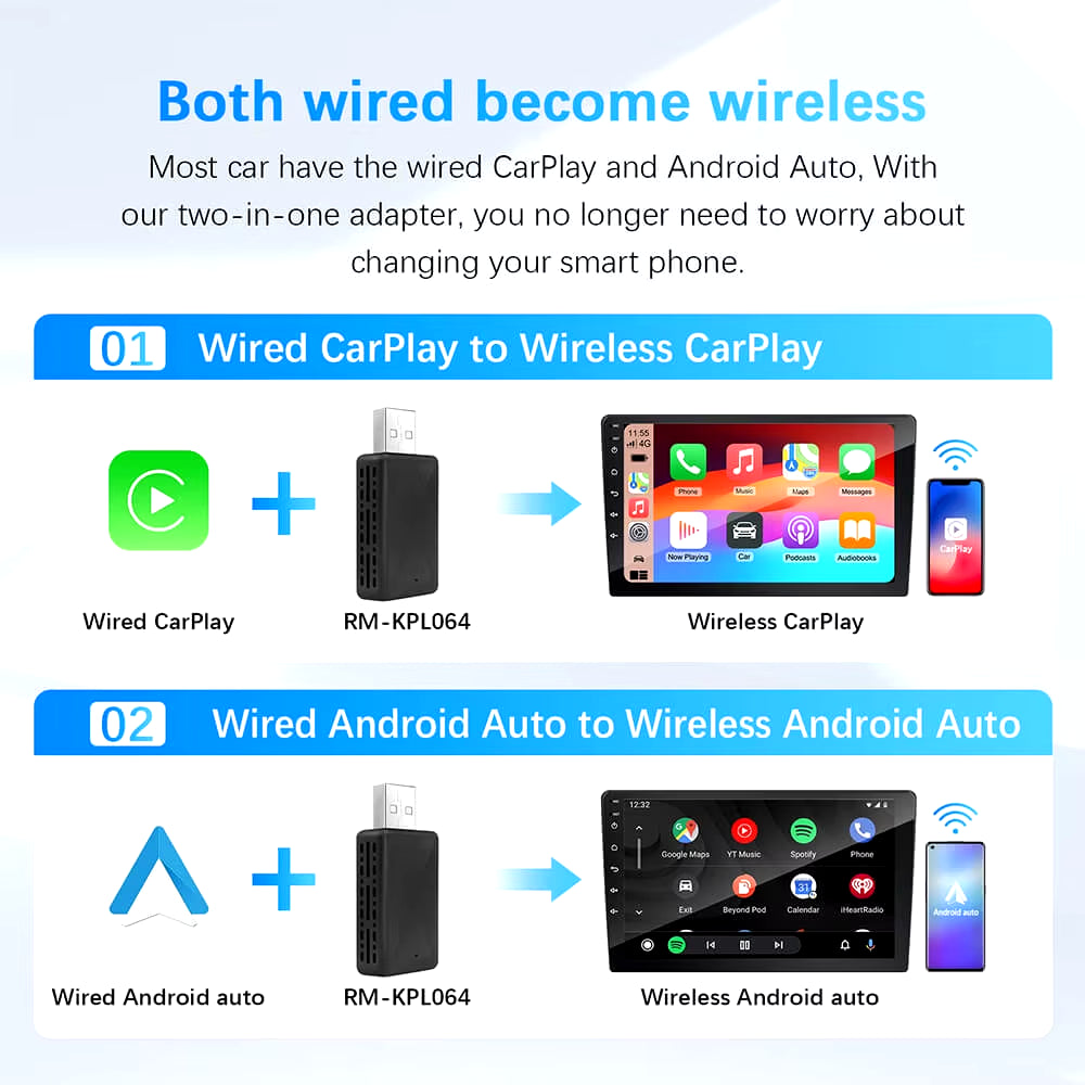 2-in-1 Wireless CarPlay & Android Auto Adapter Dongle (Plug & Play)